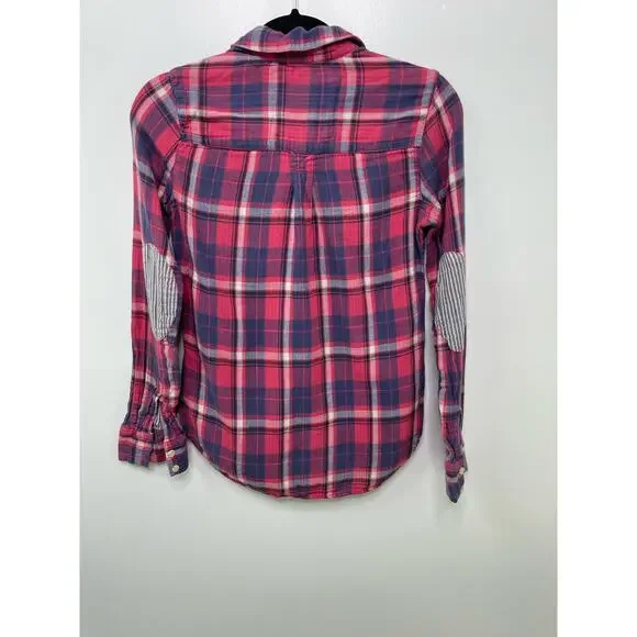 Mossimo Supply Button Up Pink Plaid‎ Shirt Top Blouse Elbow Patch S Country Gorp - Picture 6 of 9